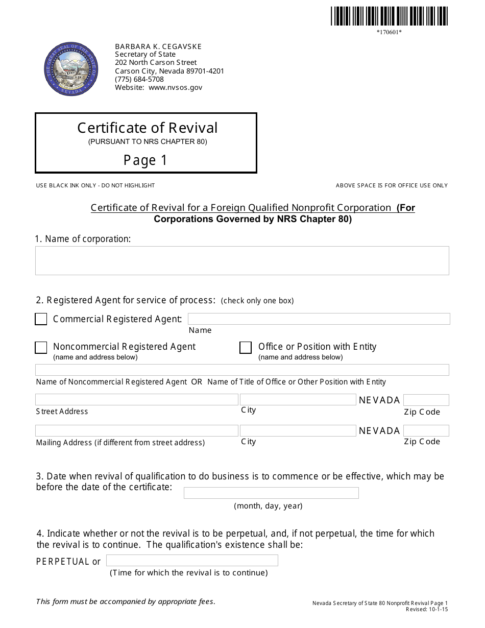 Form 170601 Certificate of Revival for a Foreign Qualified Nonprofit Corporation (For Corporations Governed by Nrs Chapter 80) - Nevada, Page 1