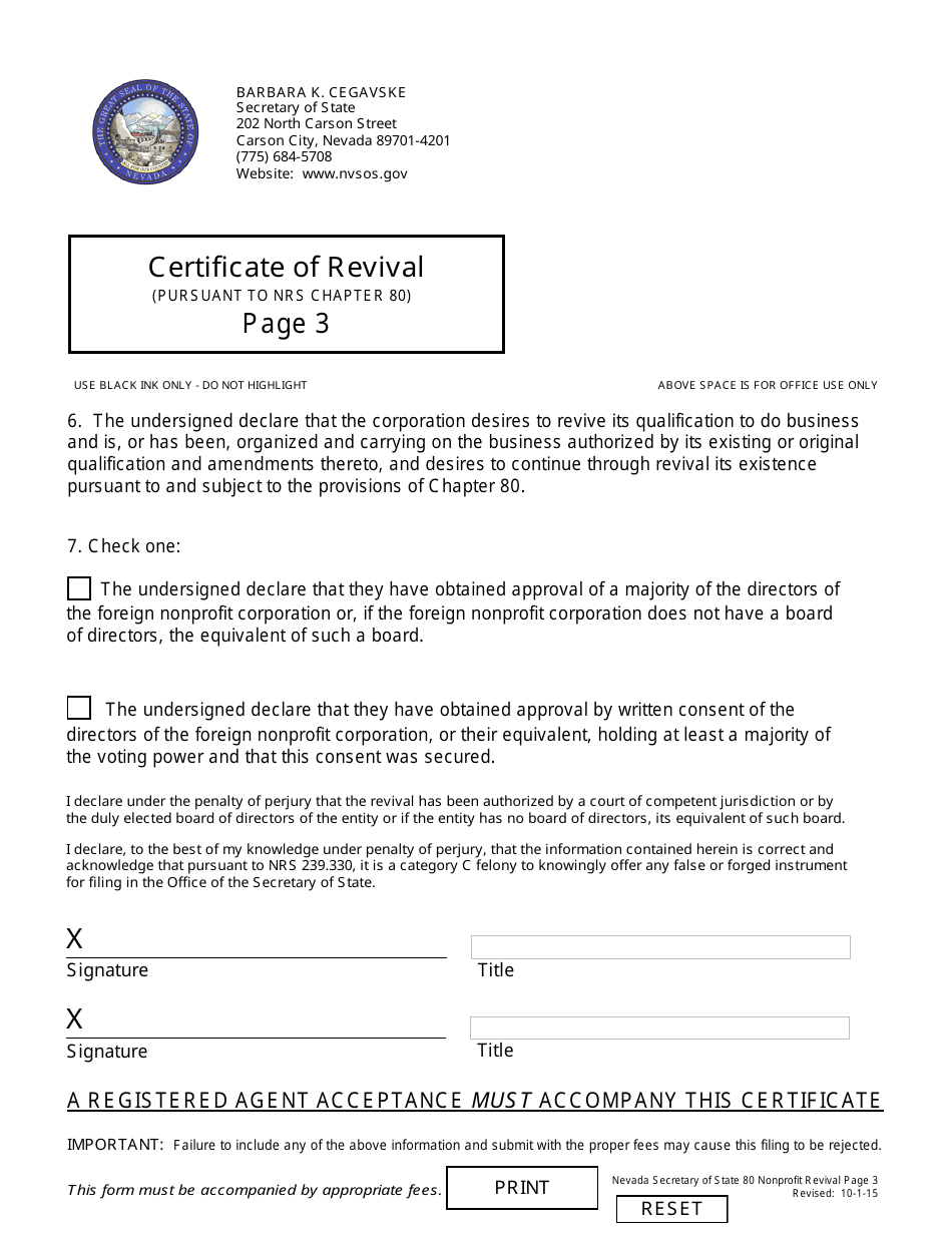 Form 170601 Certificate of Revival for a Foreign Qualified Nonprofit Corporation (For Corporations Governed by Nrs Chapter 80) - Nevada, Page 3