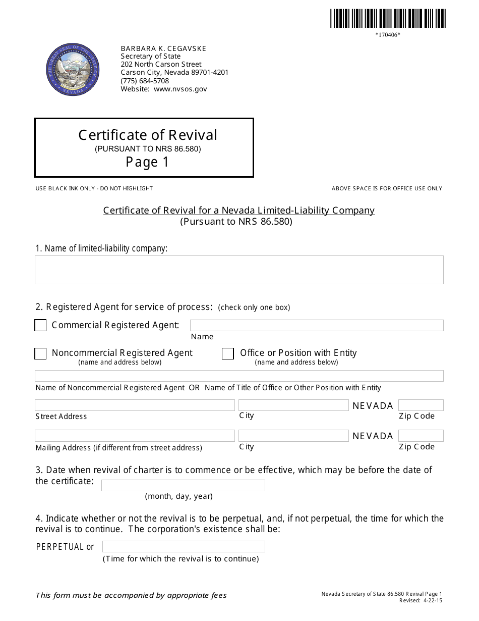 Form 170406 Certificate of Revival for a Nevada Limited-Liability Company (Pursuant to Nrs 86.580) - Nevada, Page 1