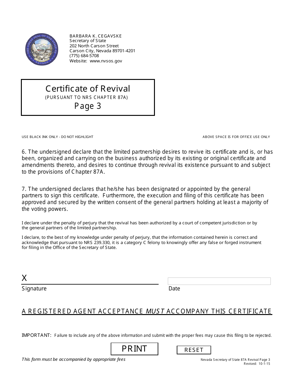 Form 170901 Certificate of Revival for a Nevada Limited Partnership (Pursuant to Nrs Chapter 87a) - Nevada, Page 3