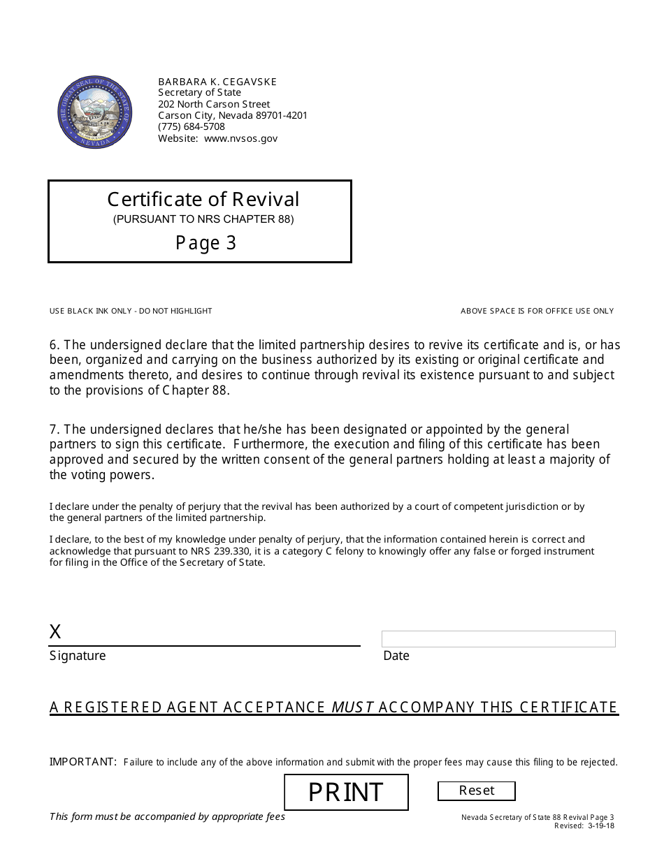 Form 171501 Certificate of Revival for a Nevada Limited Partnership (Pursuant to Nrs Chapter 88) - Nevada, Page 3