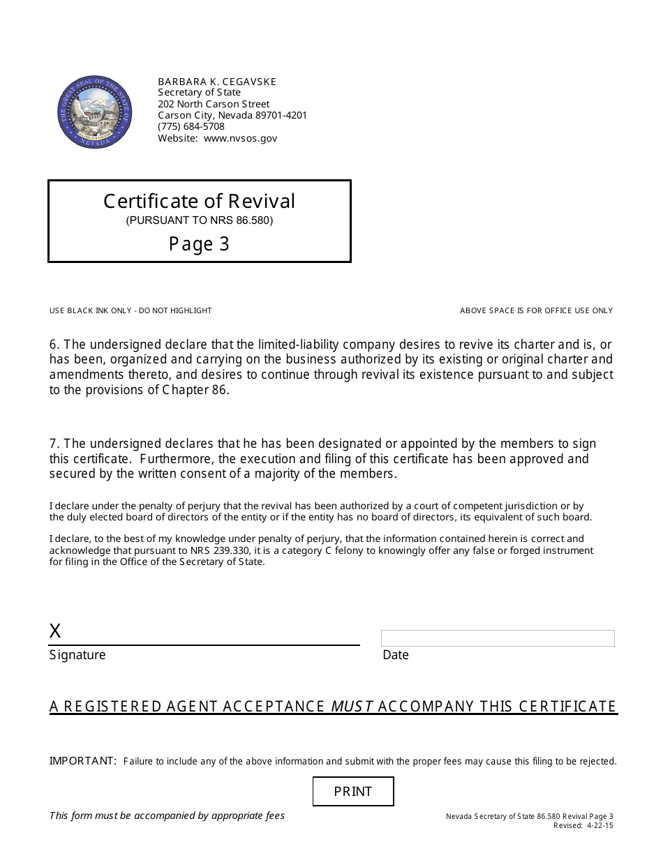 Revival for Limited-Liability Company - Domestic (Nrs 86.580) - Complete Packet - Nevada, Page 3
