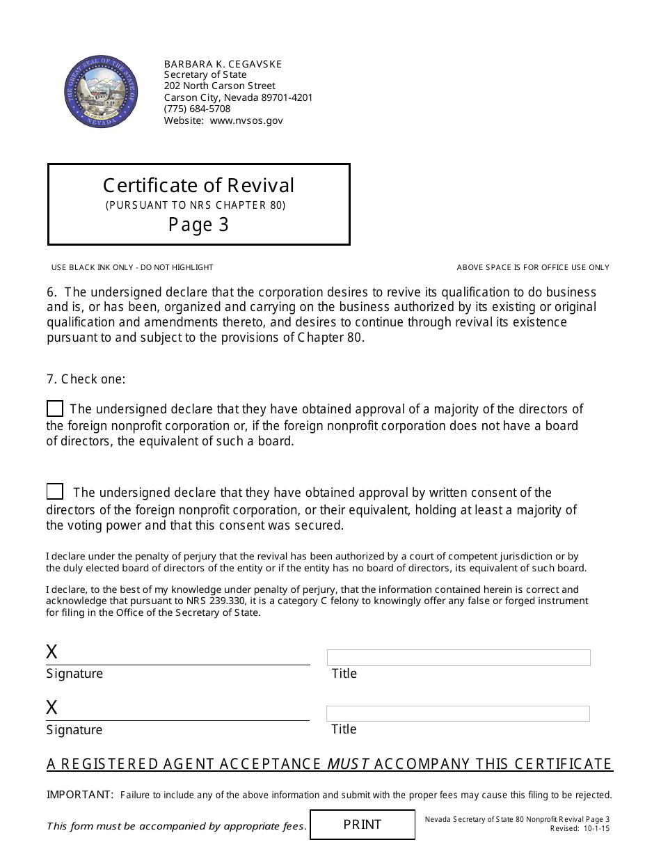 Revival for Nonprofit Corporation - Foreign (Nrs Chapter 80) - Complete Packet - Nevada, Page 3
