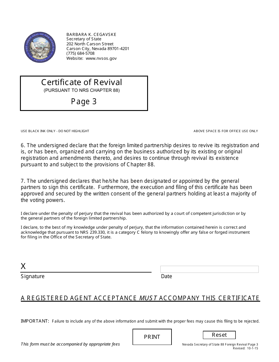 Form 171601 Certificate of Revival for a Foreign Limited Partnership (Pursuant to Nrs Chapter 88) - Nevada, Page 3