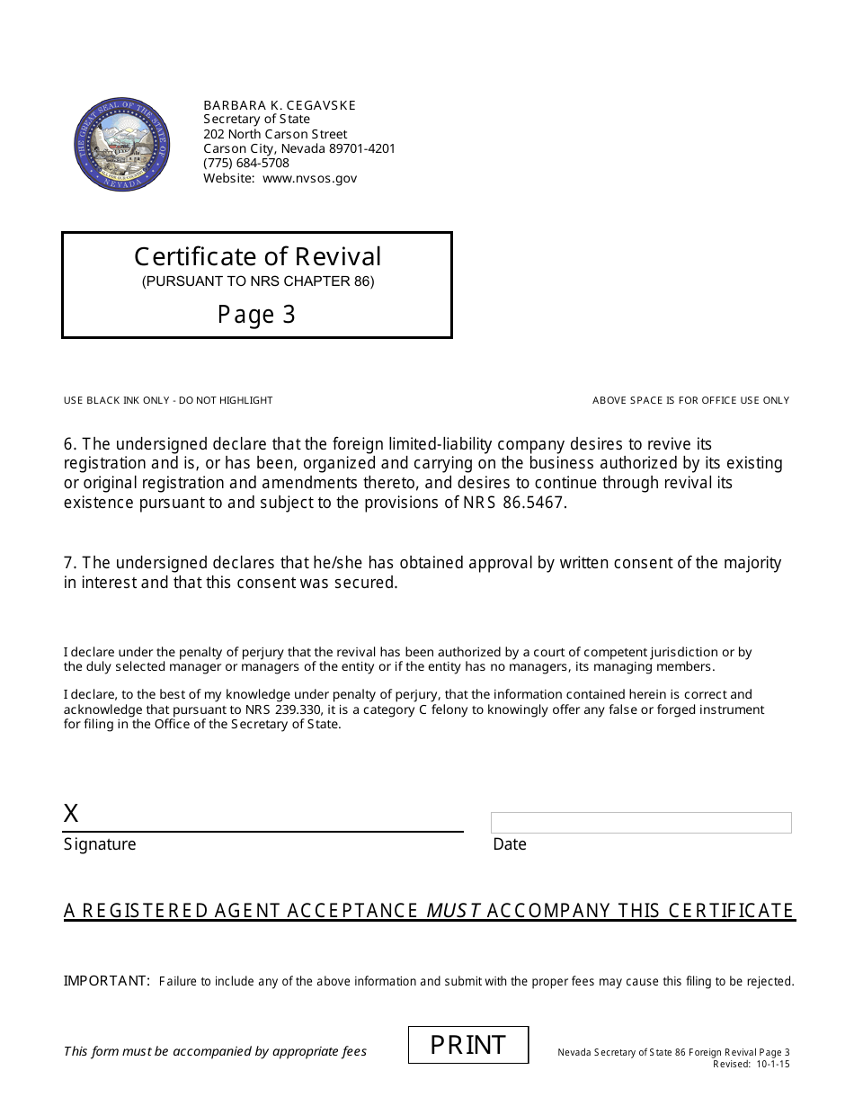 Revival for Limited-Liability Company - Foreign (Nrs Chapter 86) - Complete Packet - Nevada, Page 3