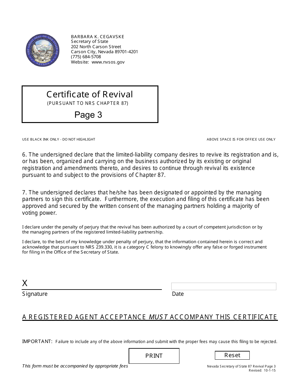 Form 171101 Certificate of Revival for a Nevada Limited-Liability Partnership (Pursuant to Nrs Chapter 87) - Nevada, Page 3