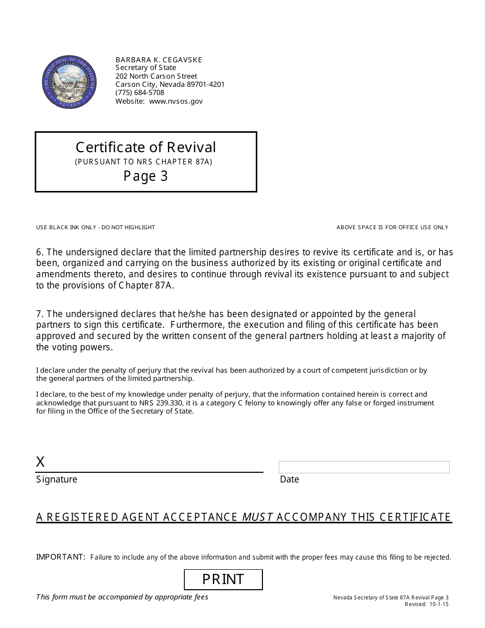 Form 170901 Revival for Limited-Liability Company - Foreign (Nrs Chapter 86) - Complete Packet - Nevada, Page 3