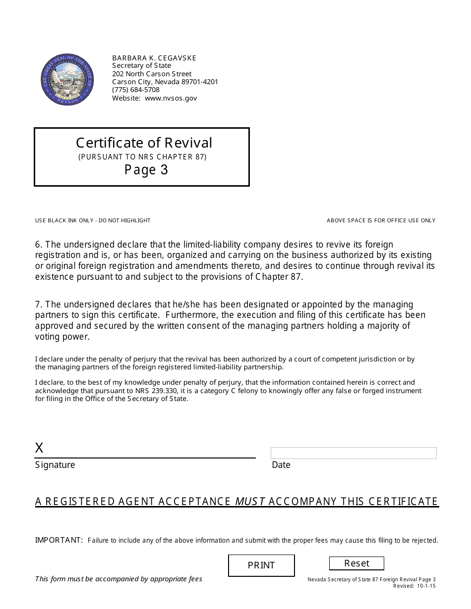 Form 171201 Certificate of Revival for a Foreign Limited-Liability Partnership (Pursuant to Nrs Chapter 87) - Nevada, Page 3