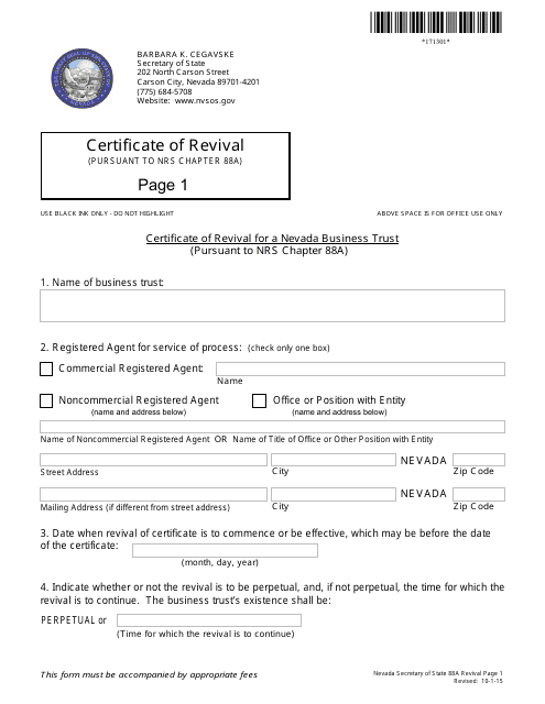 Form 171301 Certificate of Revival for a Nevada Business Trust (Pursuant to Nrs Chapter 88a) - Nevada