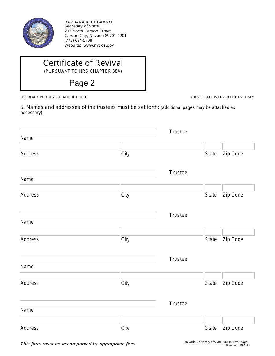 Form 171301 Certificate of Revival for a Nevada Business Trust (Pursuant to Nrs Chapter 88a) - Nevada, Page 2
