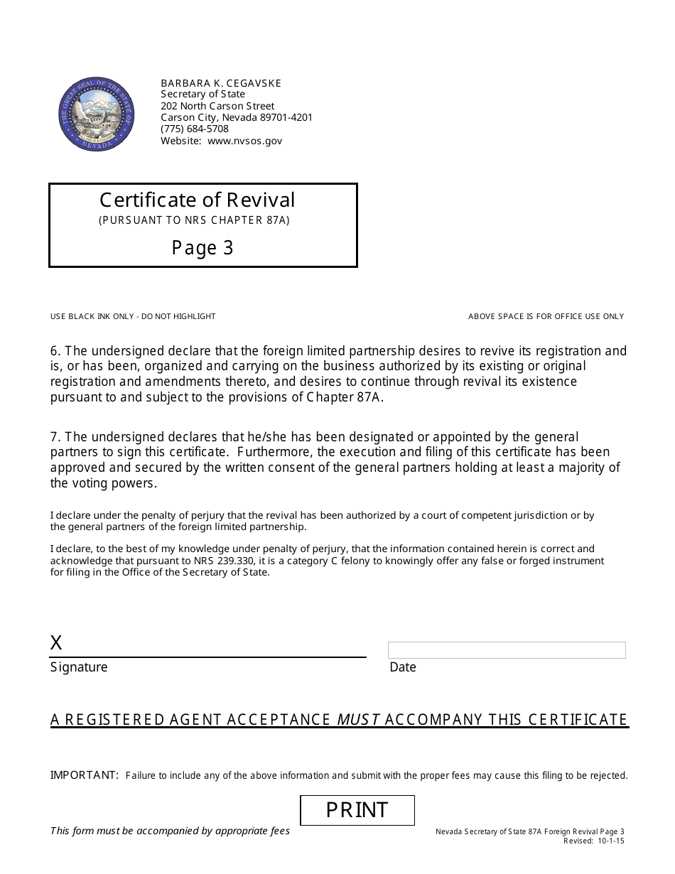 Form 171001 Certificate of Revival for a Foreign Limited Partnership (Pursuant to Nrs Chapter 87a) - Complete Packet - Nevada, Page 3