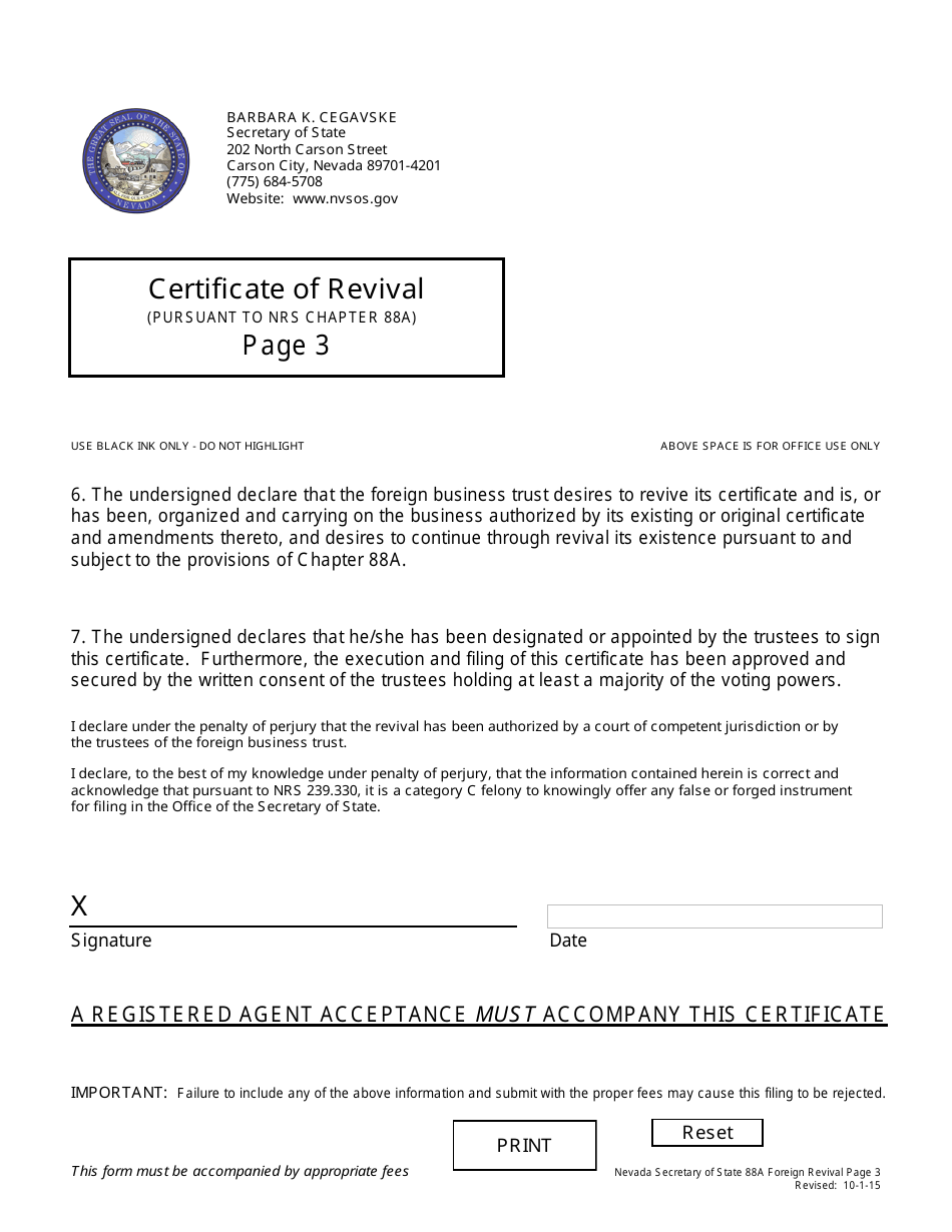 Form 171401 Certificate of Revival for a Foreign Business Trust (Pursuant to Nrs Chapter 88a) - Nevada, Page 3