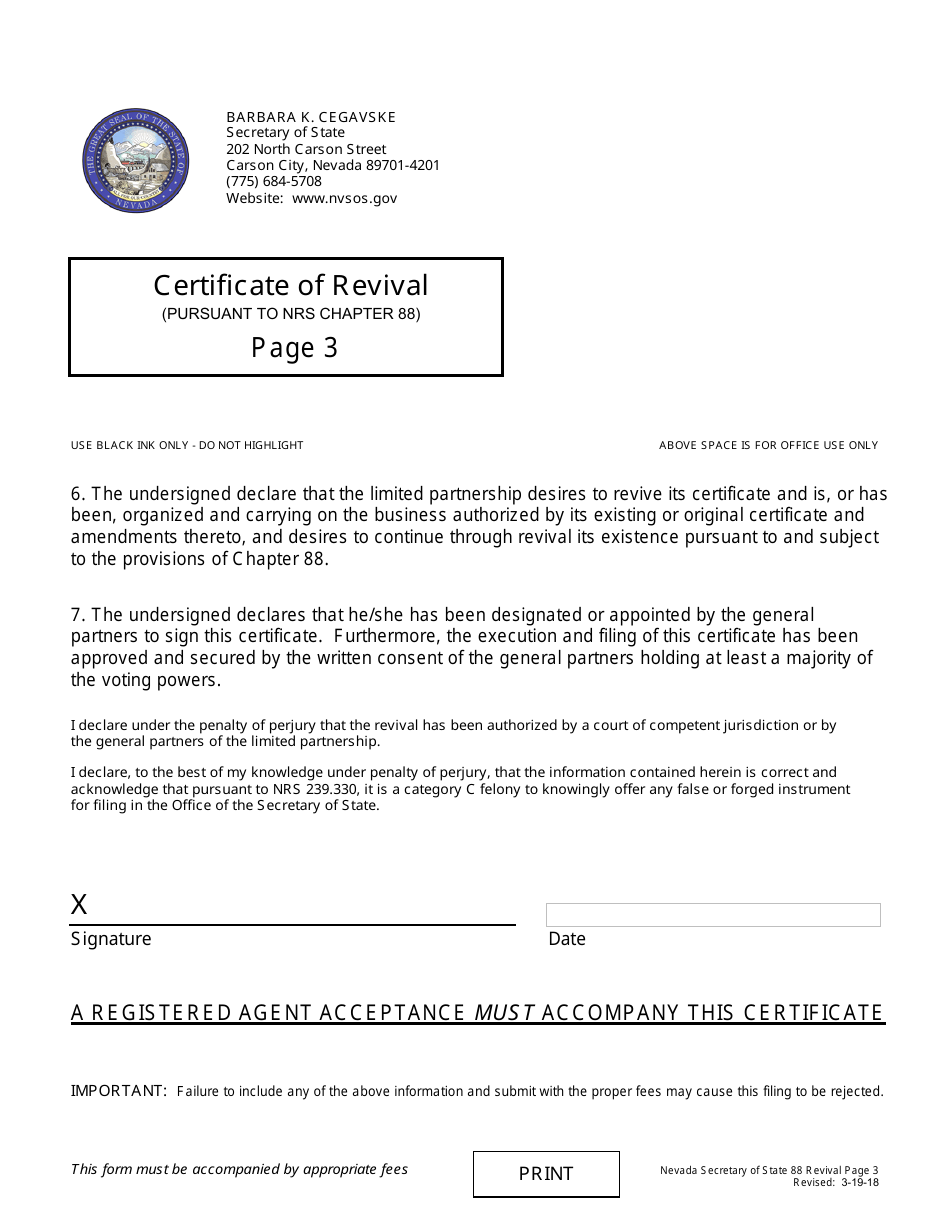 Form 171501 Revival for Limited Partnership - Domestic (Nrs Chapter 88) - Complete Packet - Nevada, Page 3