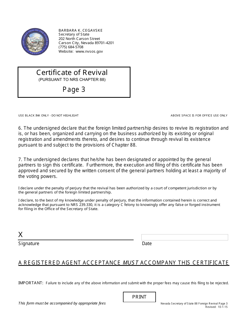 Form 171601 Revival for Limited Partnership - Foreign (Nrs Chapter 88) - Complete Packet - Nevada, Page 3