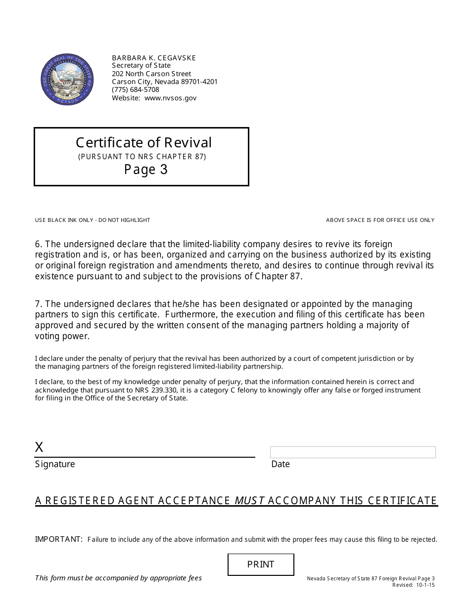 Form 171201 Revival for a Foreign Limited-Liability Partnership (Pursuant to Nrs Chapter 87) - Complete Packet - Nevada, Page 3