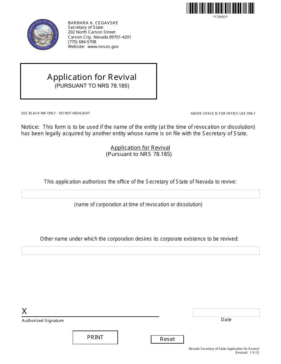 Form 170503 Application for Revival (Pursuant to Nrs 78.185) - Nevada, Page 1