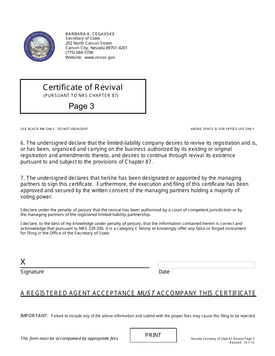 Revival for a Nevada Limited-Liability Partnership (Pursuant to Nrs Chapter 87) - Complete Packet - Nevada, Page 3