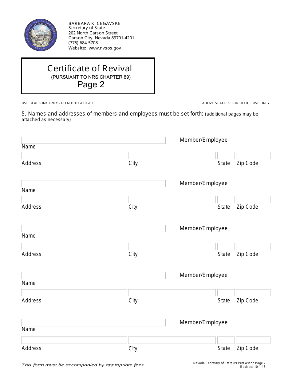 Form 171701 Download Fillable Pdf Or Fill Online Certificate Of Revival For A Nevada 2536