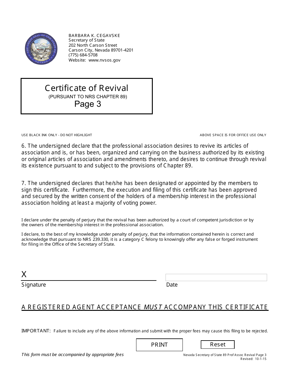 Form 171701 Certificate of Revival for a Nevada Professional Association (Pursuant to Nrs Chapter 89) - Nevada, Page 3