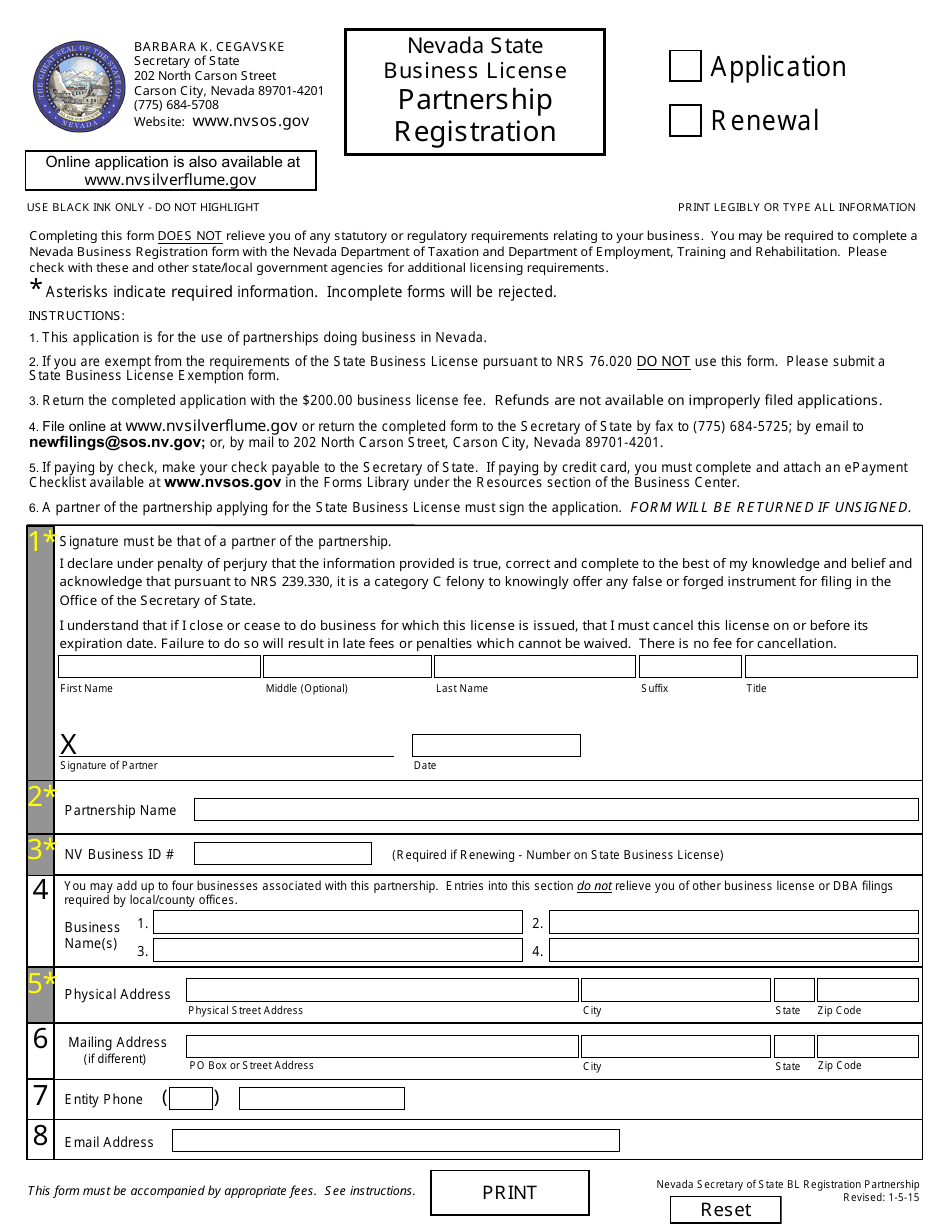 General Partnership Registration - Application or Renewal Form (Nrs 76) - Nevada, Page 1