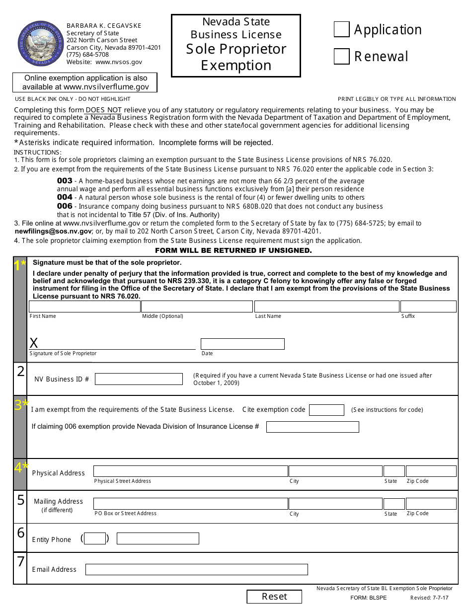 Form BLSPE Sole Proprietor Notice of Exemption - Application or Renewal (Nrs 76) - Nevada, Page 1