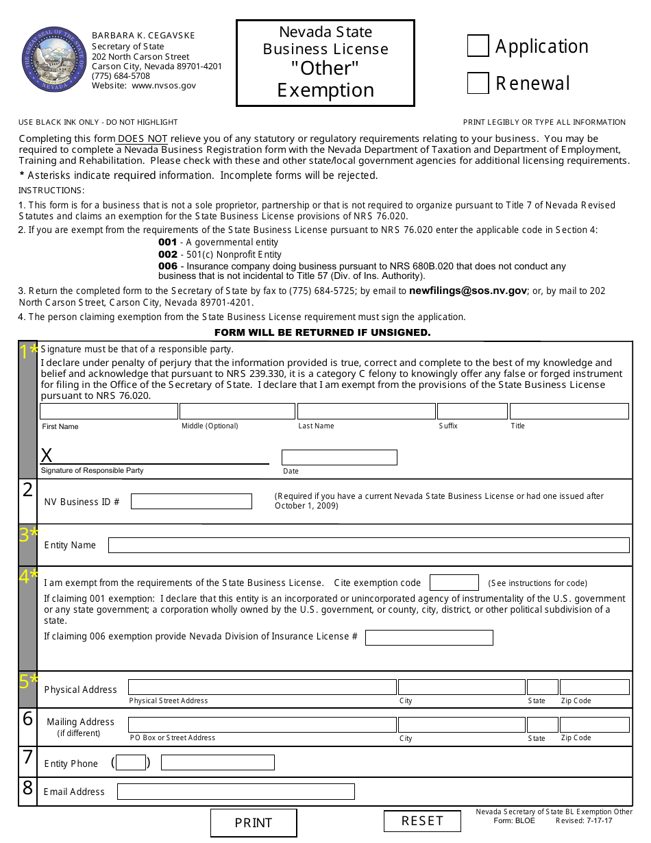 Form BLOE other Notice of Exemption - Application or Renewal (Nrs 76) - Nevada, Page 1