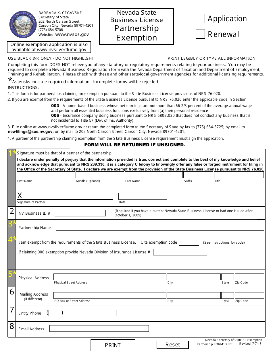 Form BLPE General Partnership Notice of Exemption - Application or Renewal (Nrs 76) - Nevada, Page 1