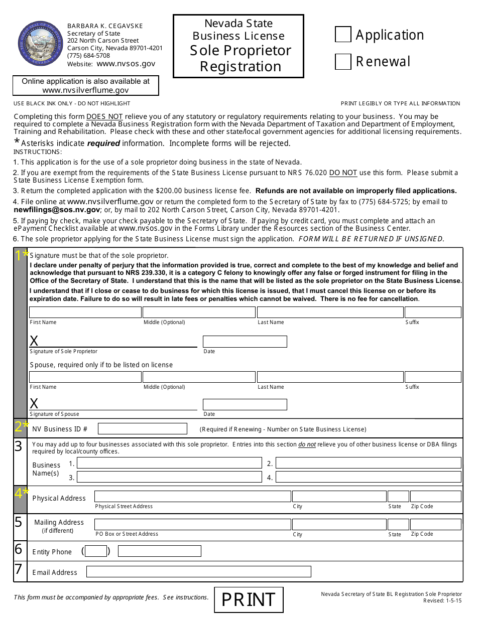 Sole Proprietor Registration - Application or Renewal Form - Nevada, Page 1