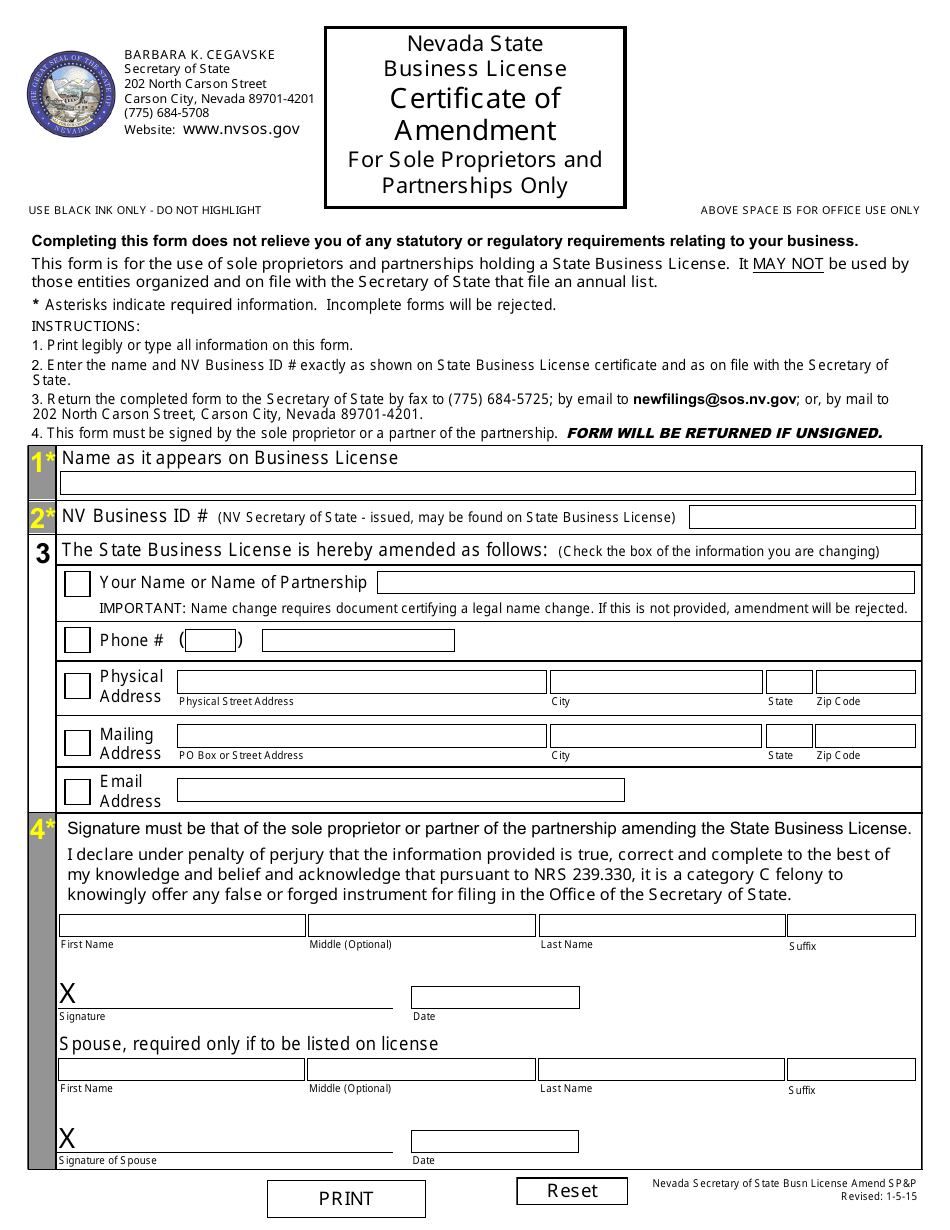 Nevada Sole Proprietor or General Partnership Certificate of Amendment