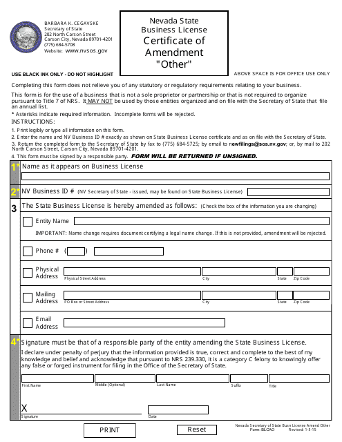 Form BLCAO "other" Certificate of Amendment (Nrs 76) - Nevada