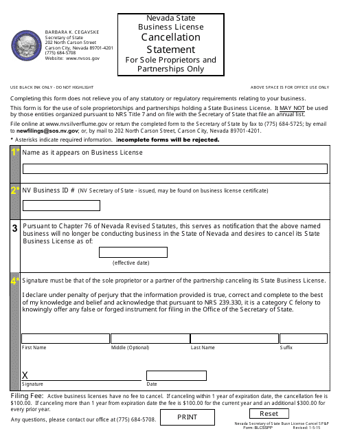 Form BLCSSPP Sole Proprietor or General Partnership Cancellation Statement (Nrs 76) - Nevada