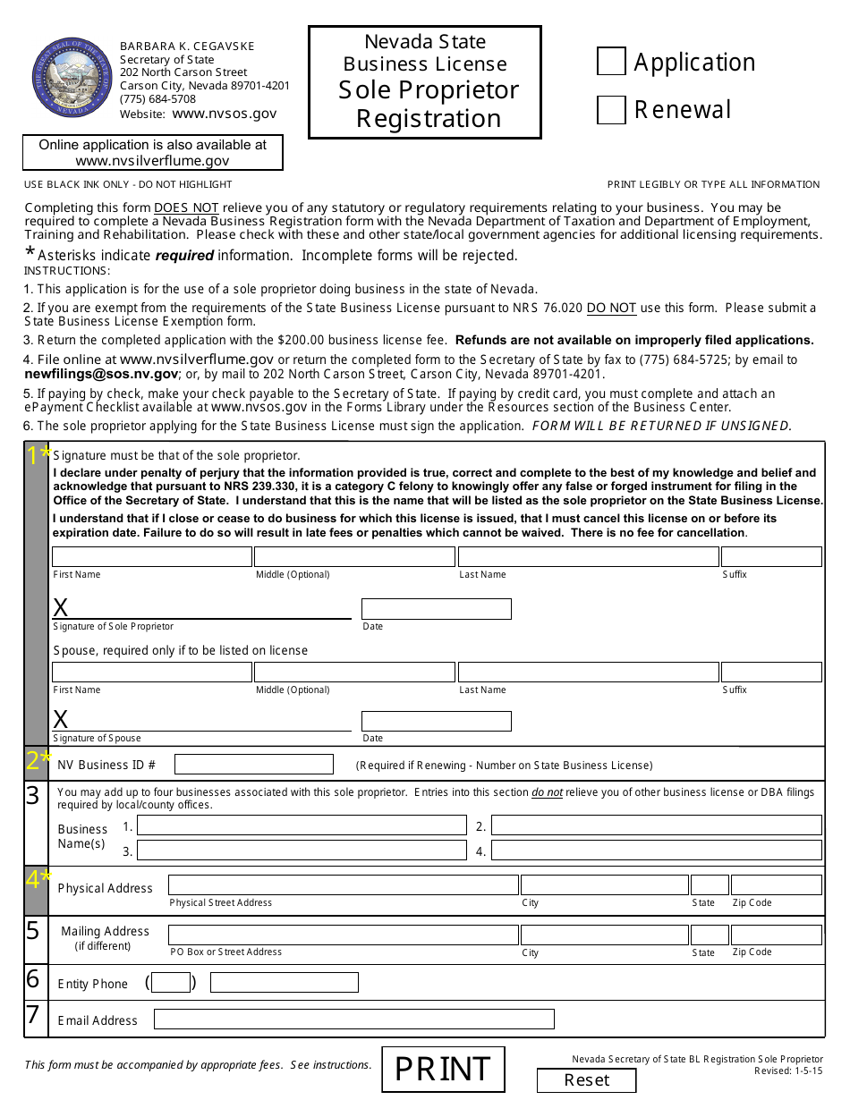 Sole Proprietor Registration - Application or Renewal (Nrs 76) - Nevada, Page 1