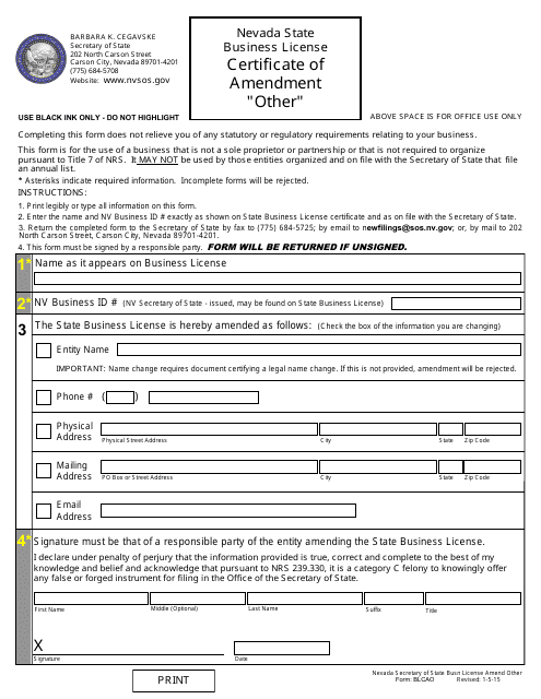 "other" Certificate of Amendment (Nrs 76) - Nevada