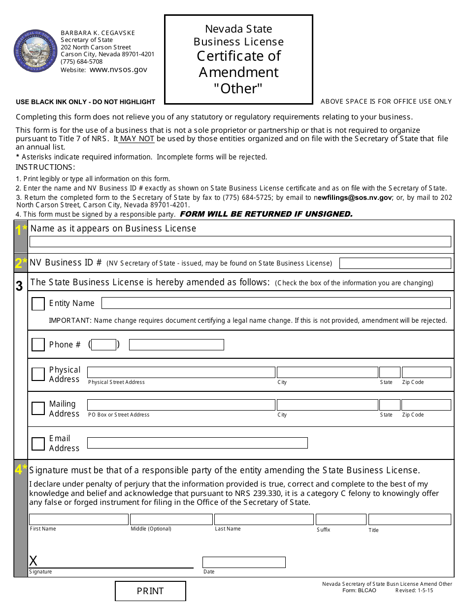 other Certificate of Amendment (Nrs 76) - Nevada, Page 1