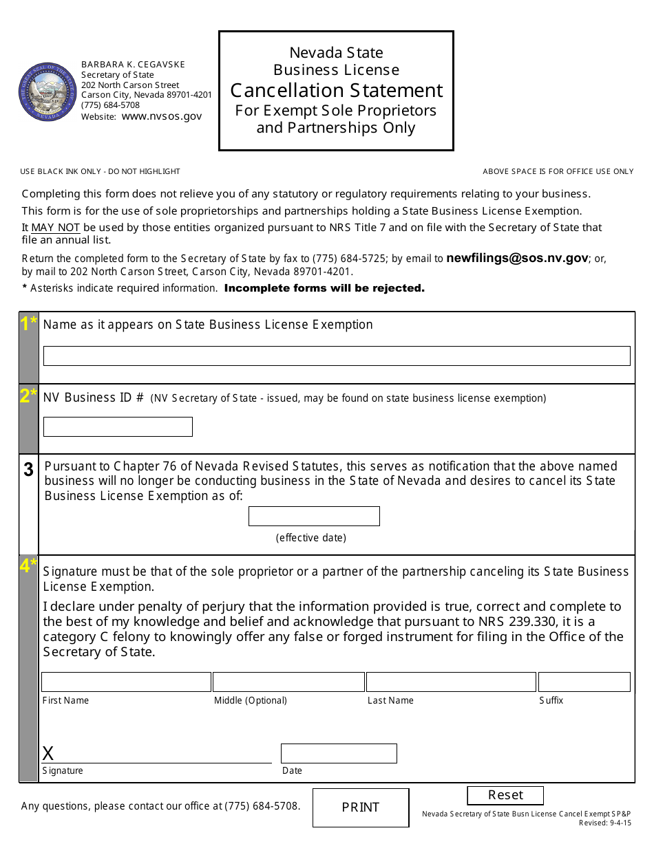 Nevada Exempt Sole Proprietor or General Partnership Cancellation