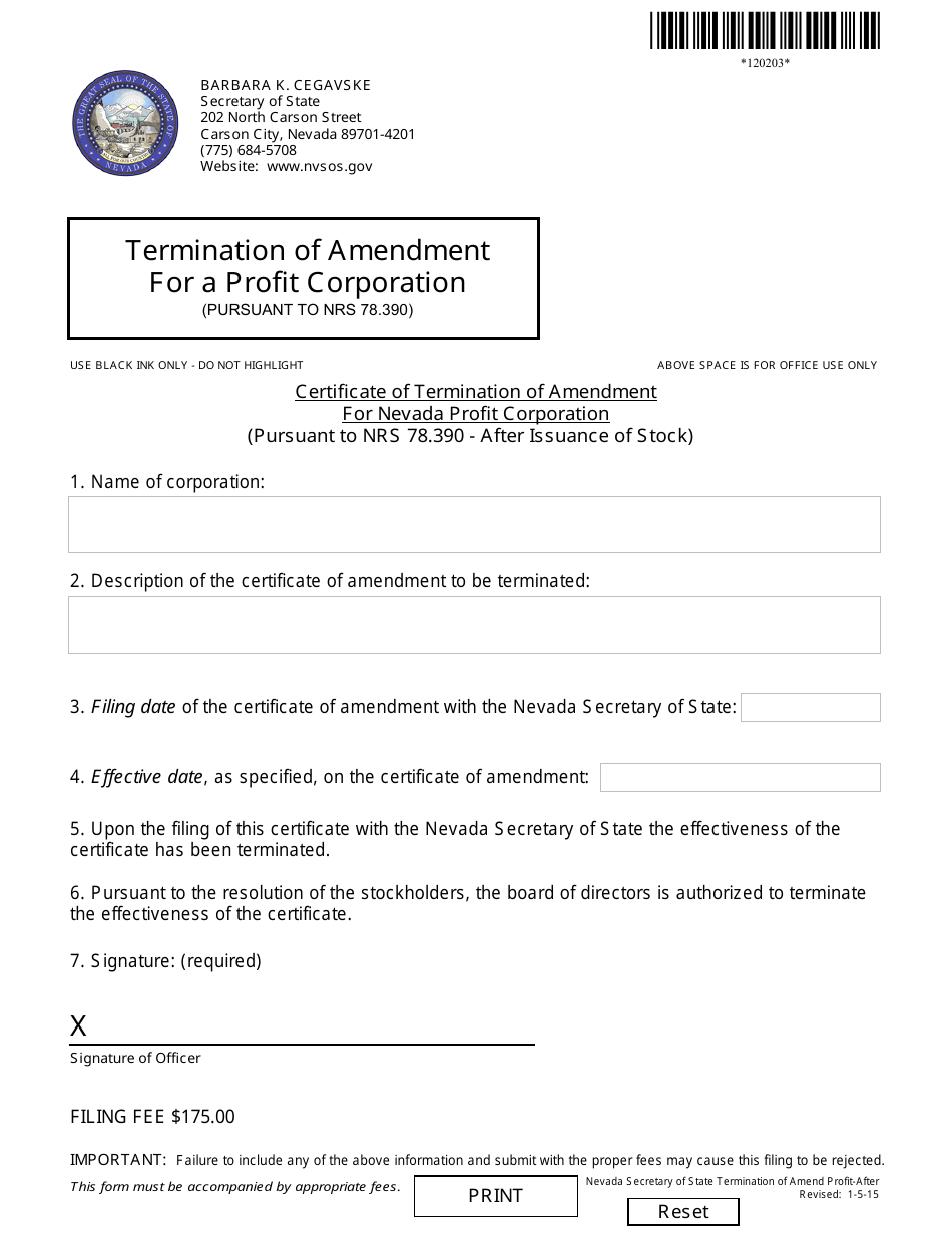 Form 120203 Certificate of Termination of Amendment for Nevada Profit Corporation (Pursuant to Nrs 78.390 - After Issuance of Stock) - Nevada, Page 1