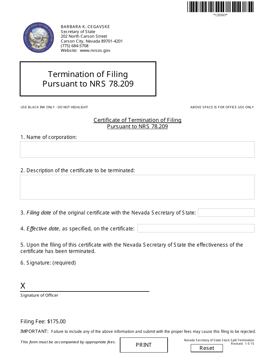 Form 120303 Certificate of Termination of Filing Pursuant to Nrs 78.209 - Nevada, Page 1
