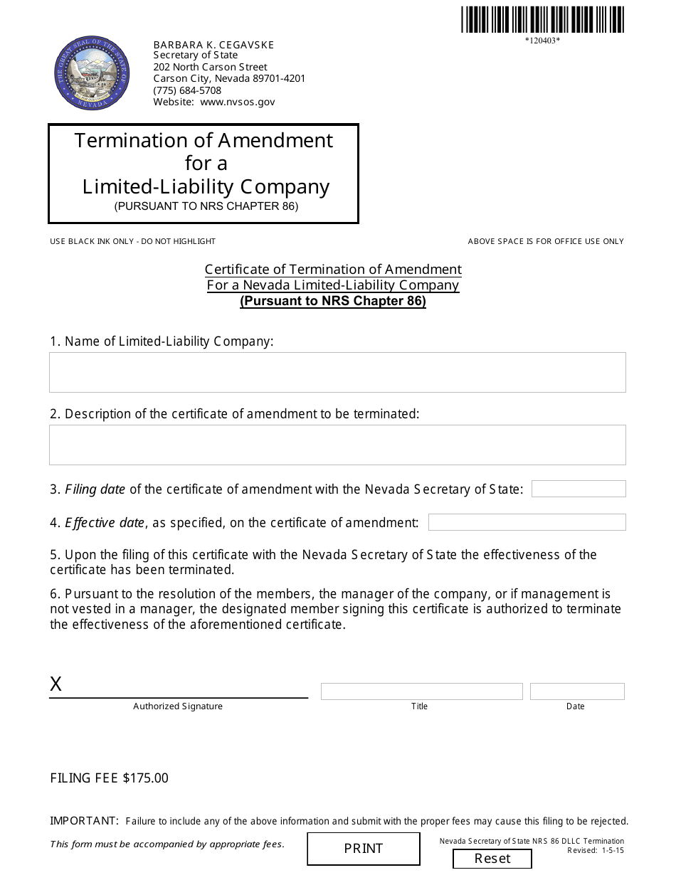 Form 120403 Certificate of Termination of Amendment for a Nevada Limited-Liability Company (Pursuant to Nrs Chapter 86) - Nevada, Page 1