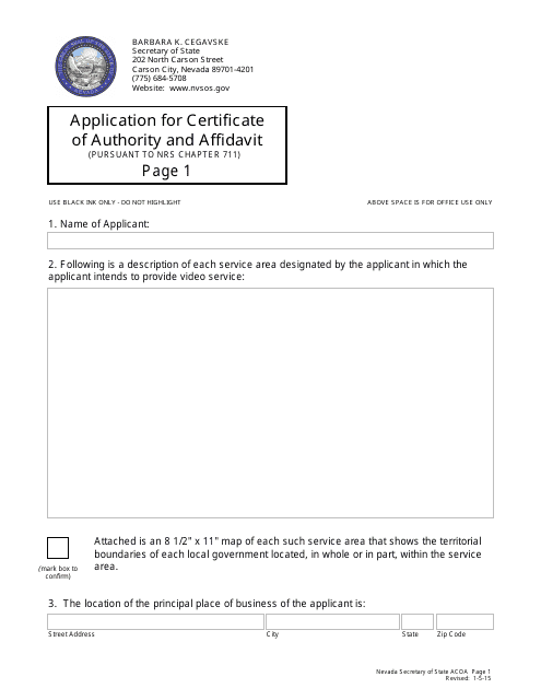 Application for Certificate of Authority and Affidavit (Pursuant to Nrs Chapter 711) - Nevada