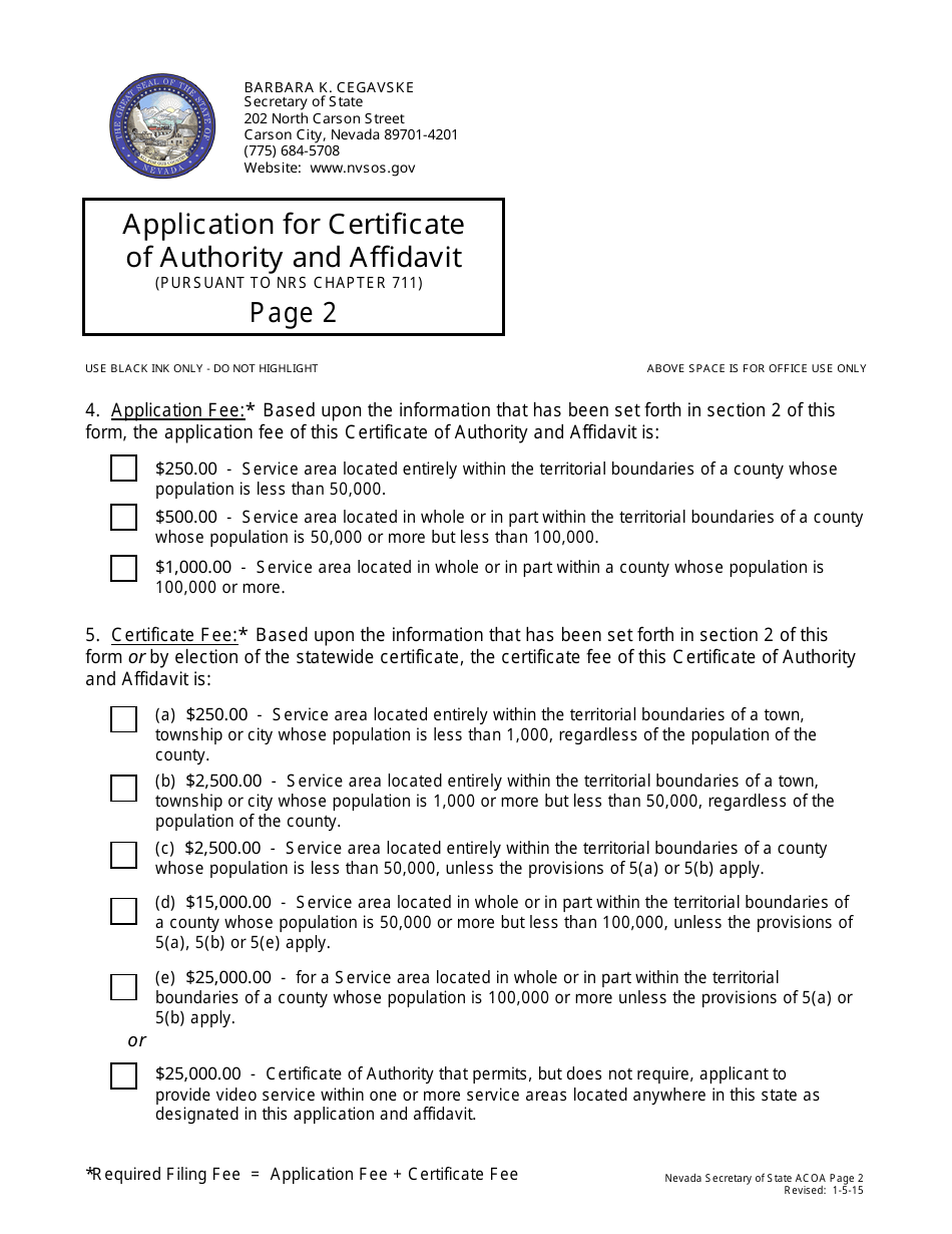 Application for Certificate of Authority and Affidavit (Pursuant to Nrs Chapter 711) - Nevada, Page 2