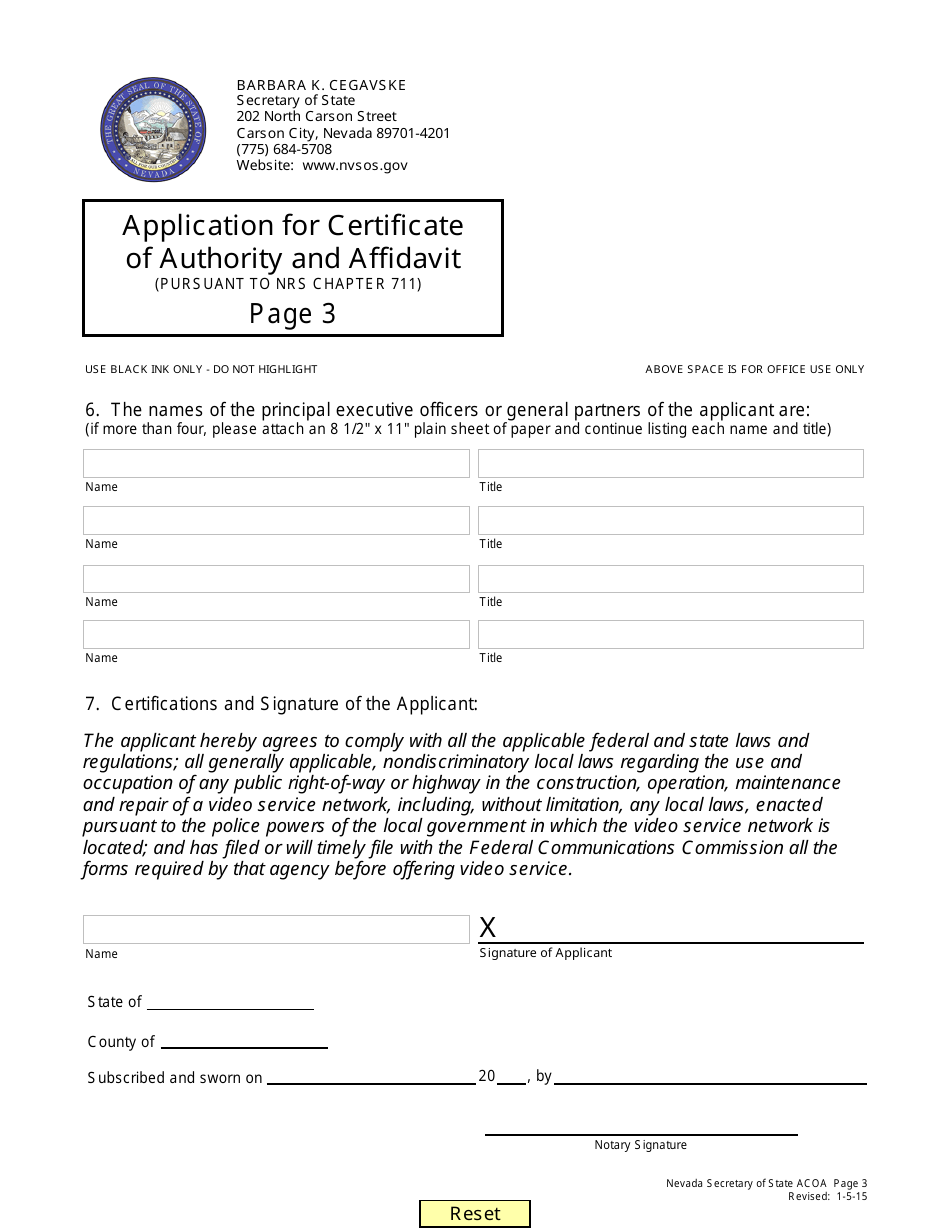 Application for Certificate of Authority and Affidavit (Pursuant to Nrs Chapter 711) - Nevada, Page 3