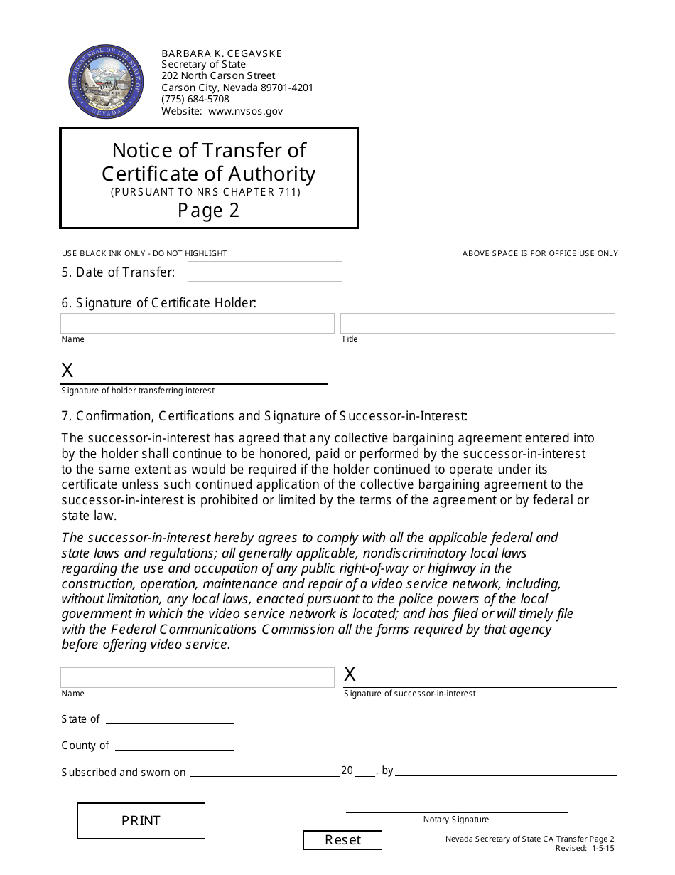 Notice of Transfer of Certificate of Authority (Pursuant to Nrs Chapter 711) - Nevada, Page 2