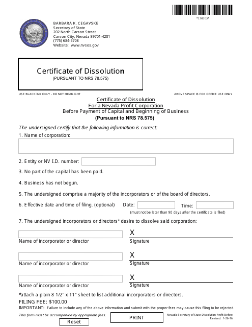 Form 130105 Certificate of Dissolution for a Nevada Profit Corporation Before Payment of Capital and Beginning of Business (Pursuant to Nrs 78.575) - Nevada