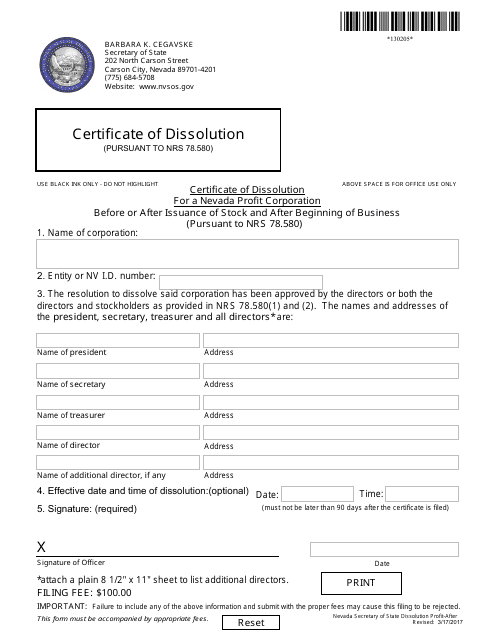 Form 130205 Certificate of Dissolution for a Nevada Profit Corporation Before or After Issuance of Stock and After Beginning of Business (Pursuant to Nrs 78.580) - Nevada