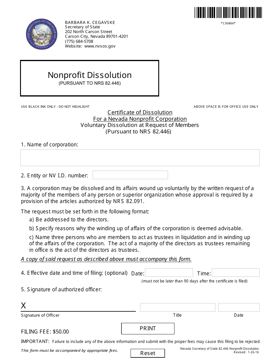 Form 130404 Certificate of Dissolution for a Nevada Nonprofit Corporation Voluntary Dissolution at Request of Members (Pursuant to Nrs 82.446) - Nevada, Page 1