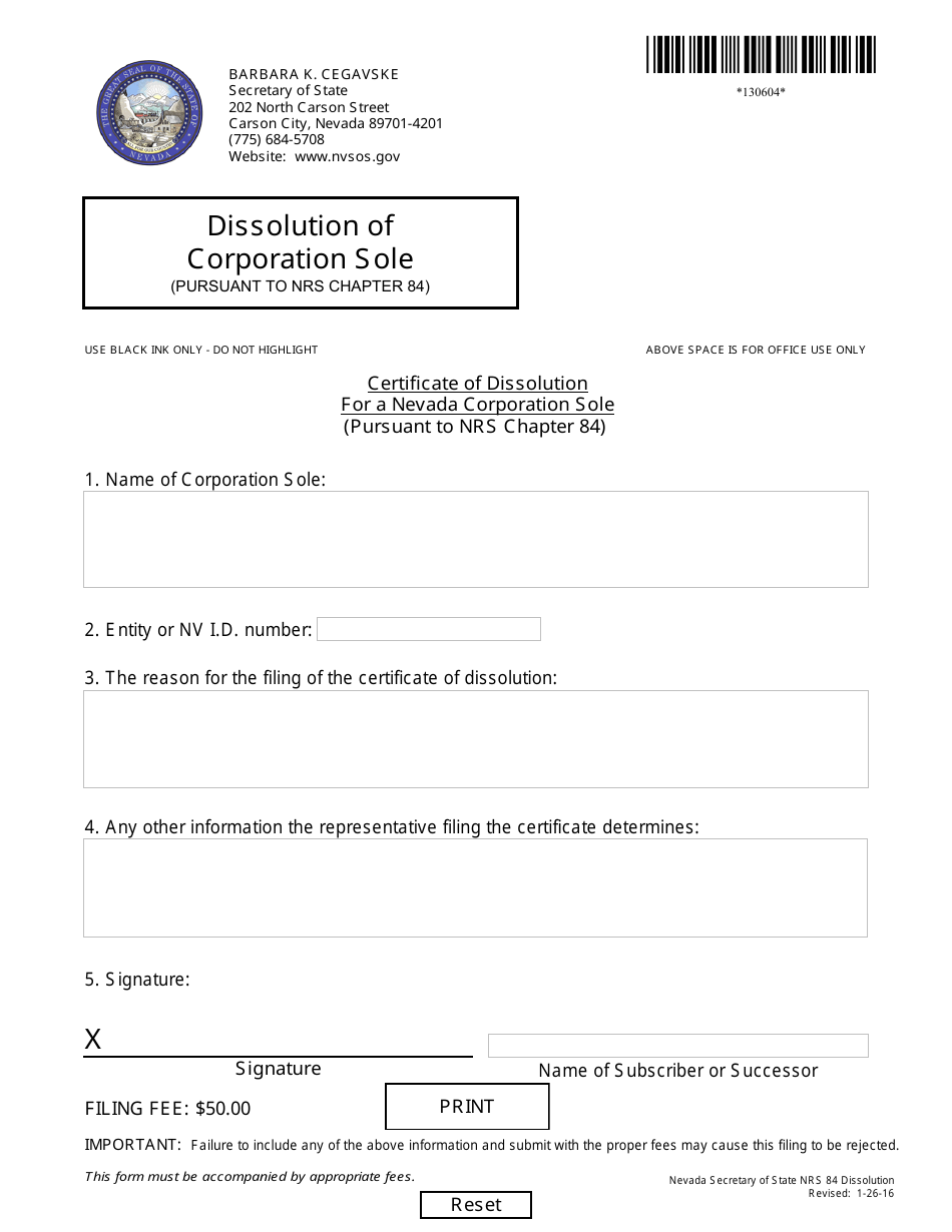 Form 130604 Certificate of Dissolution for a Nevada Corporation Sole (Pursuant to Nrs Chapter 84) - Nevada, Page 1