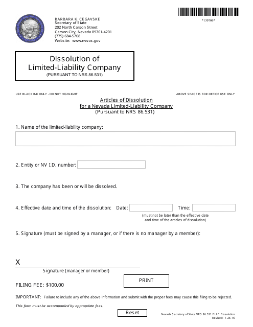 Form 130706 Articles of Dissolution for a Nevada Limited-Liability Company (Pursuant to Nrs 86.531) - Nevada