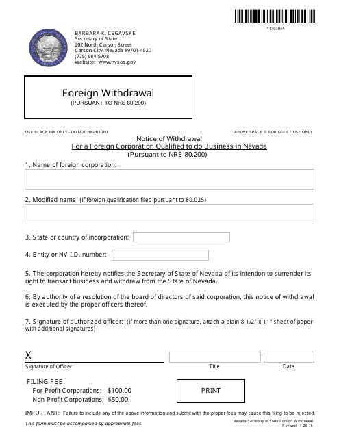 Form 130305 Foreign Withdrawal (Nrs 80.200) - Complete Packet - Nevada