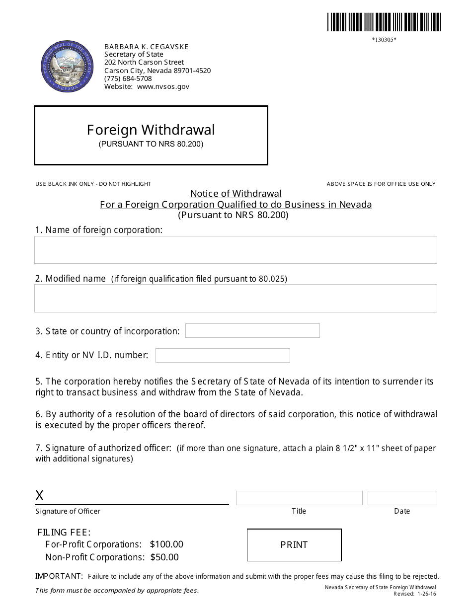 Form 130305 Foreign Withdrawal (Nrs 80.200) - Complete Packet - Nevada, Page 1