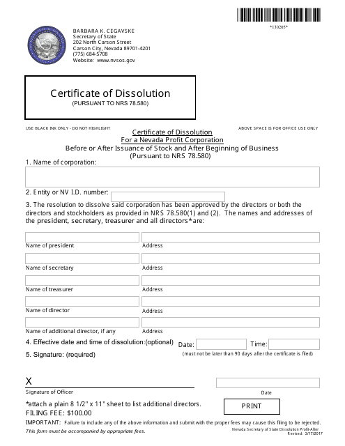 Form 130205 Dissolution After Beginning of Business (Nrs 78.580) - Complete Packet - Nevada